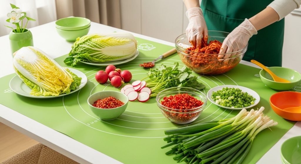 2025년 현대적인 주방에서 깔끔하게 펼쳐진 녹색 김장 매트 위에서 위생 장갑을 낀 손들이 김치 양념을 버무리는 모습.