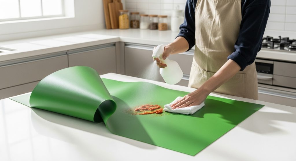김장 후 대형 녹색 김장 매트를 스프레이와 천으로 손쉽게 닦는 사람의 모습.