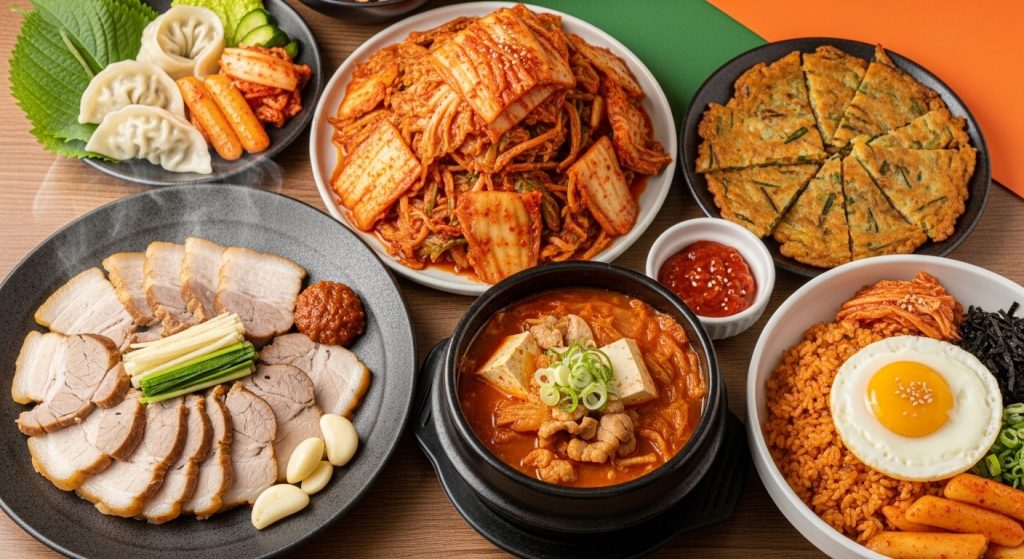 갓 담근 김장김치를 중심으로 보쌈, 김치찌개, 김치전, 김치볶음밥 등 다양한 김치 궁합 요리가 먹음직스럽게 차려진 풍경.