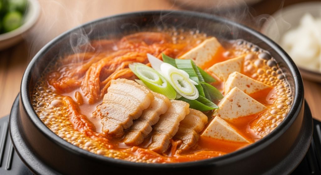 뜨거운 김이 모락모락 피어나는 뚝배기 속 먹음직스러운 김치찌개.