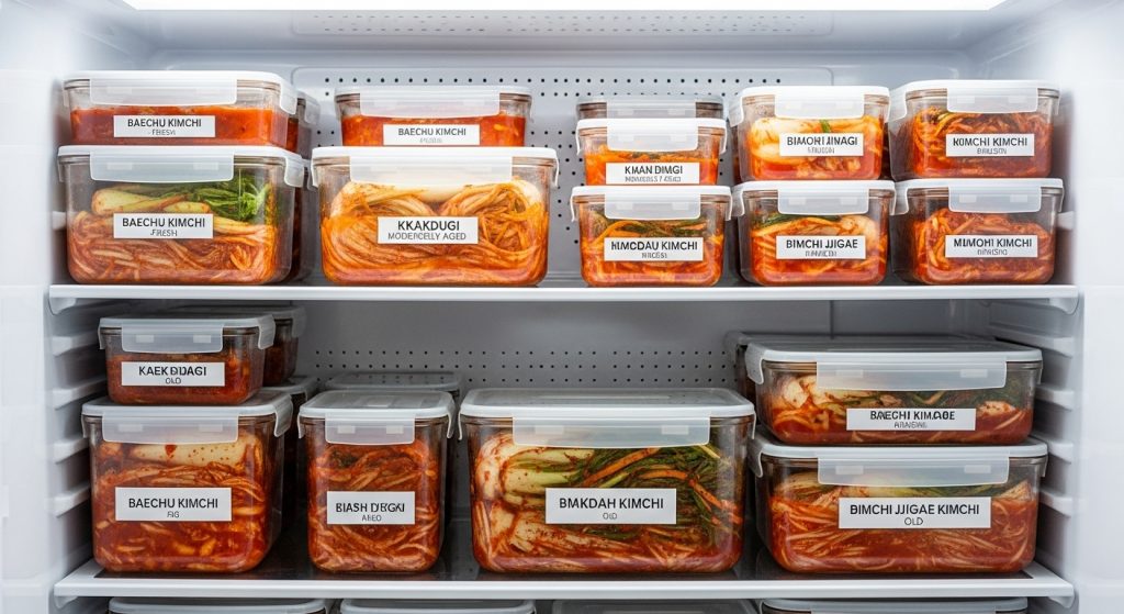 투명한 김치통에 종류별로 가지런히 보관된 김치들이 보이는 김치냉장고 내부.