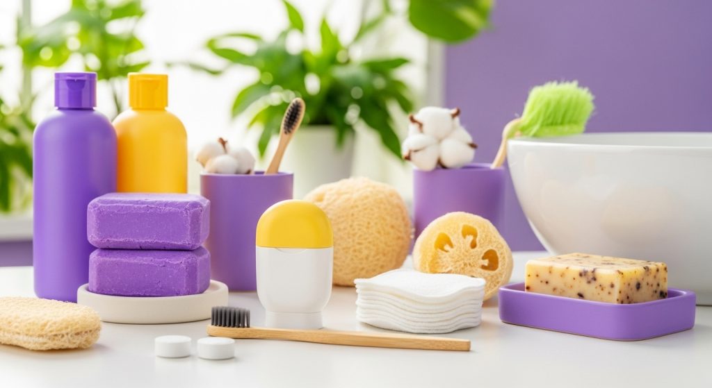 2025년 제로웨이스트 뷰티를 위한 친환경 고체 샴푸바, 대나무 칫솔, 재사용 화장솜 등이 깔끔하게 정돈된 욕실 카운터