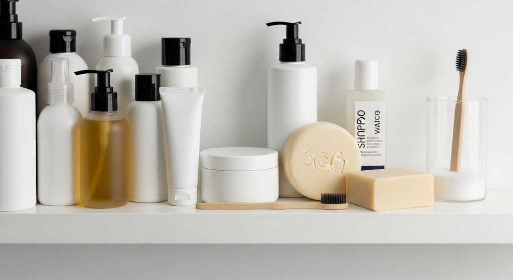 현재 사용 중인 플라스틱 용기 제품과 새로 들인 고체 샴푸바, 대나무 칫솔 등 제로웨이스트 뷰티 제품들이 함께 놓인 화장대
