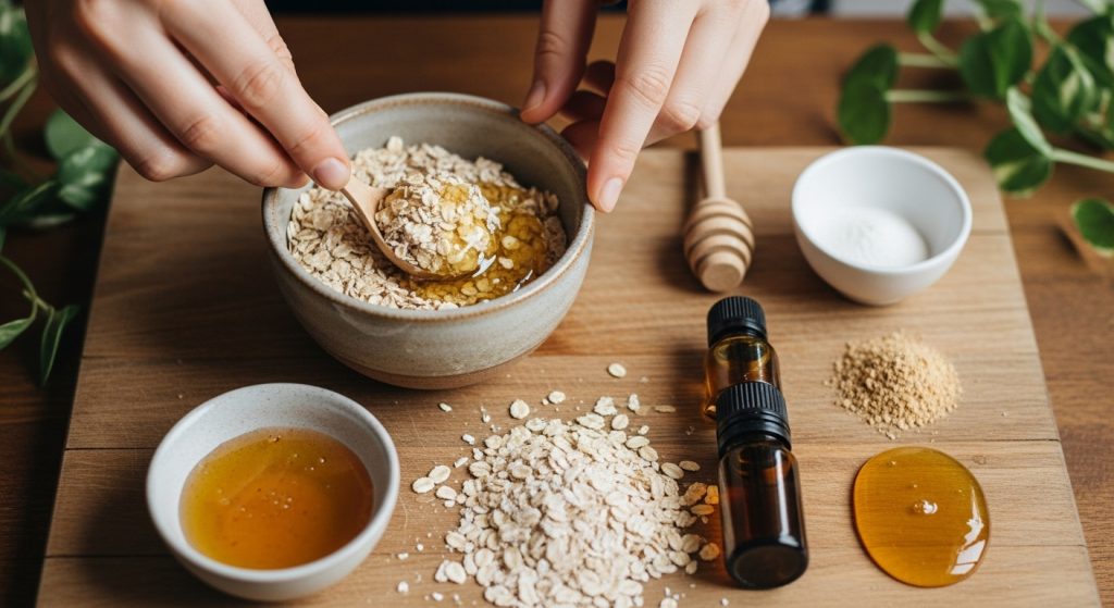 오트밀, 꿀 등 천연 재료들을 작은 볼에 담아 직접 팩을 만들고 있는 손의 클로즈업