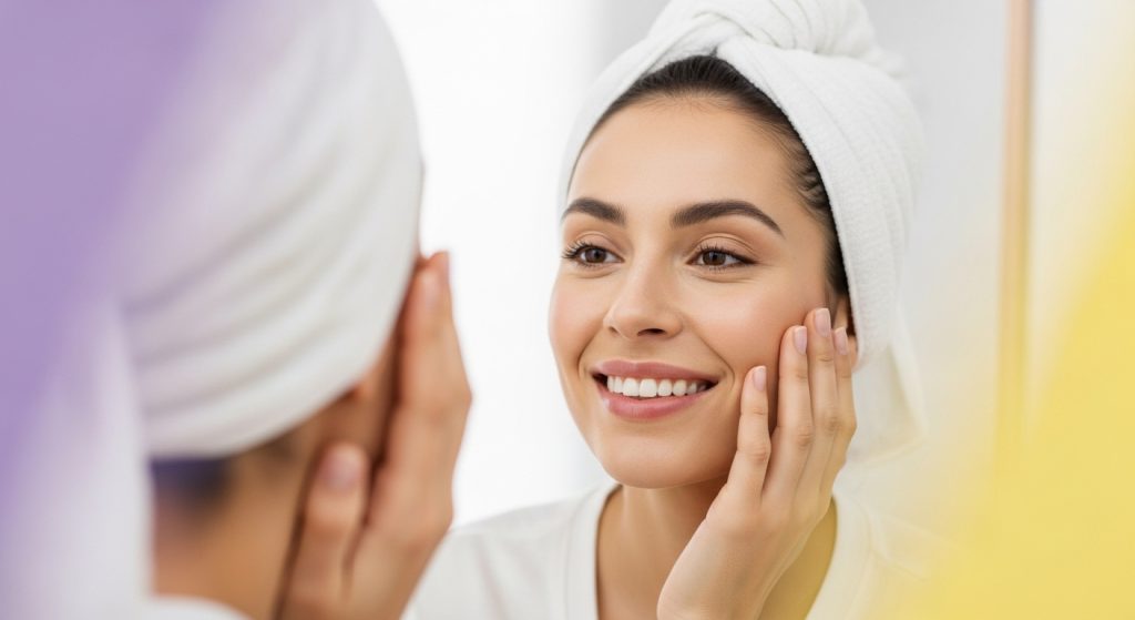 건강하고 생기 있는 피부를 가진 여성이 거울을 보며 만족스럽게 미소 짓는 모습