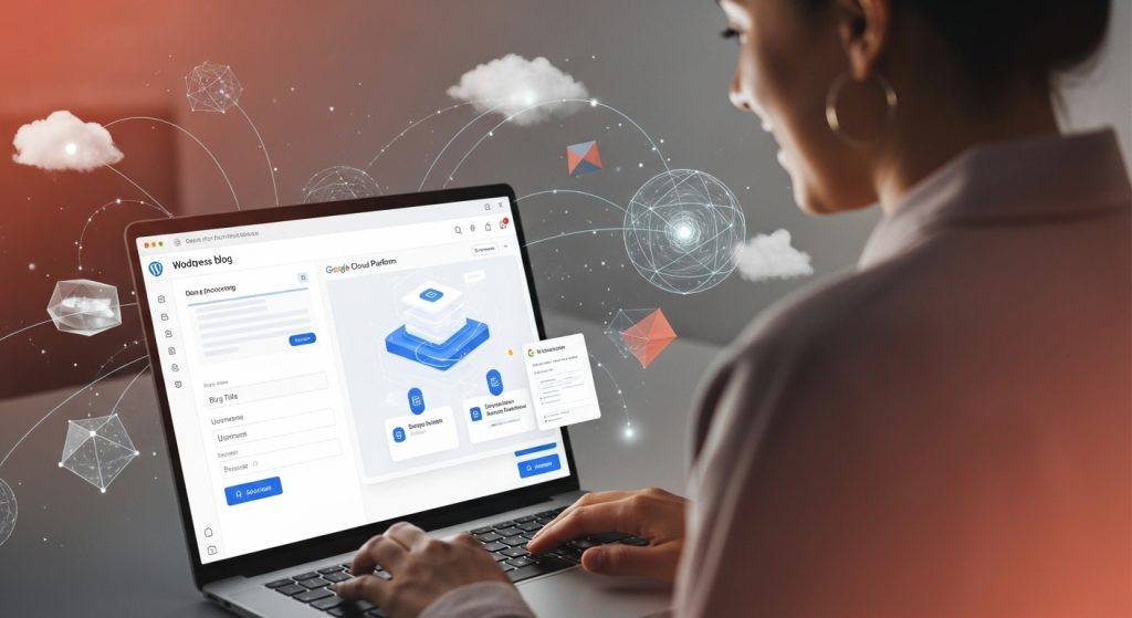 2025년 구글 클라우드 플랫폼에서 노트북으로 워드프레스를 설정하는 모습, 클라우드 컴퓨팅 요소를 배경으로 한 친근하고 미래 지향적인 이미지