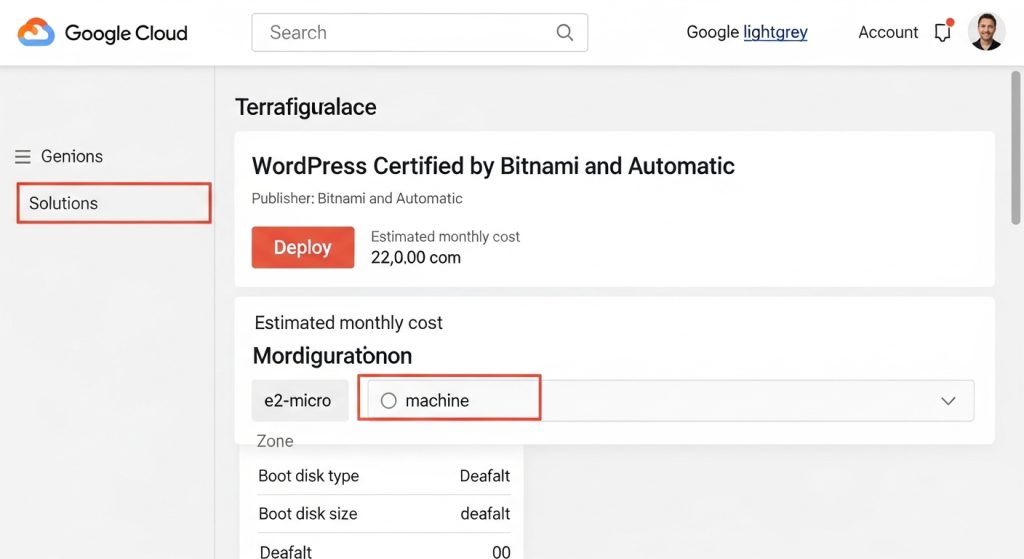 구글 클라우드 마켓플레이스에서 Bitnami 워드프레스 스택 배포 페이지, e2-micro 머신 유형이 선택된 모습