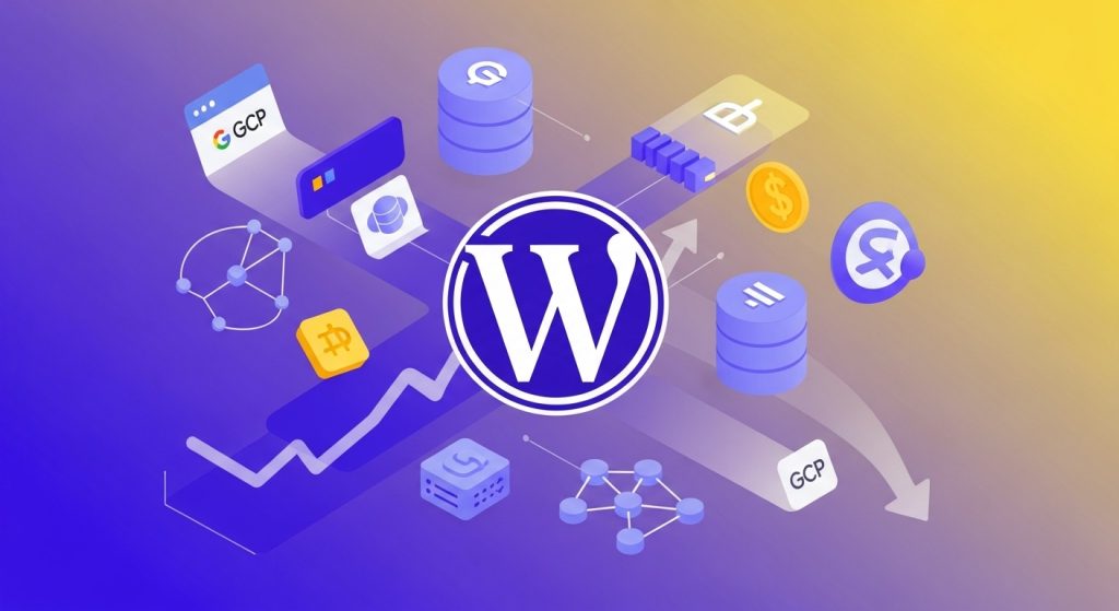 구글 클라우드 플랫폼 아이콘과 워드프레스 로고가 어우러져 비용 최적화를 나타내는 역동적인 이미지.