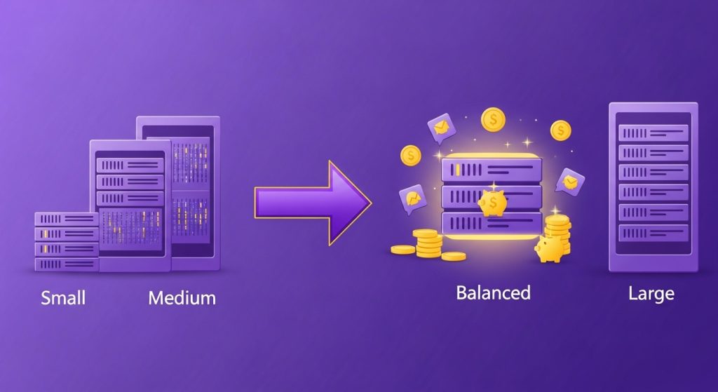 다양한 크기의 서버 인스턴스 중 적절한 크기를 선택하여 비용을 절감하는 모습.