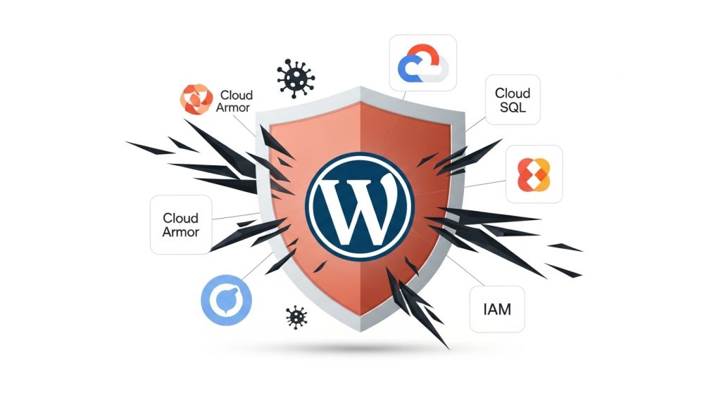 구글 클라우드(GCP) 보안 서비스로 강력하게 보호되는 워드프레스 로고