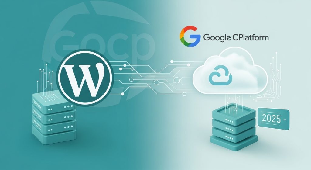 워드프레스 웹사이트가 안정적으로 구글 클라우드 플랫폼(GCP)으로 이전되는 모습을 시각화한 이미지, 데이터 흐름과 클라우드 환경의 효율성을 강조.