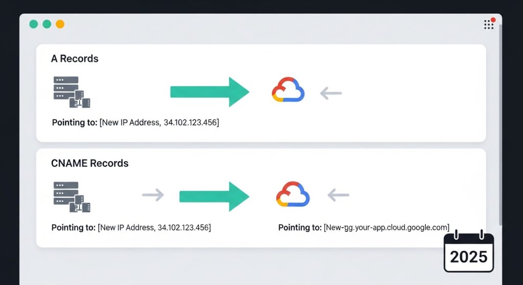 구글 클라우드 서버로 워드프레스 사이트 이전을 위한 DNS 레코드 변경 및 업데이트 과정을 시각적으로 표현한 이미지.