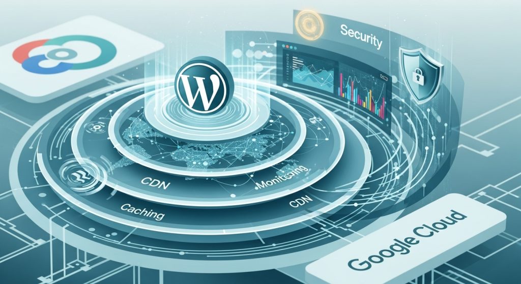 구글 클라우드에서 워드프레스 사이트의 안정적인 운영을 위한 캐싱, CDN, 모니터링, 보안이 최적화된 클라우드 인프라 개념도.