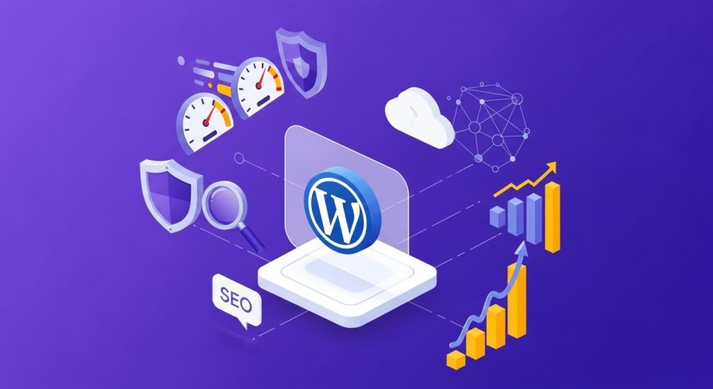구글 클라우드 플랫폼 위에서 워드프레스 로고가 빠르게 움직이며 SEO 요소(속도계, 보안 방패, 검색 돋보기 등)들이 주변을 감싸고 있는 역동적인 이미지. 보라색과 노란색 테마로 SEO 최적화의 성공적인 모습을 표현.