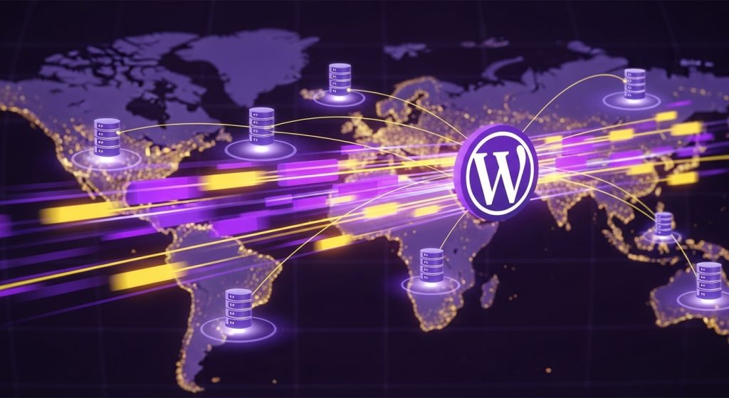 구글 클라우드 CDN을 상징하는 이미지로, 워드프레스 아이콘에서 전 세계 서버로 데이터가 빠르게 전송되는 모습. 웹사이트 로딩 속도 향상을 시각적으로 표현.