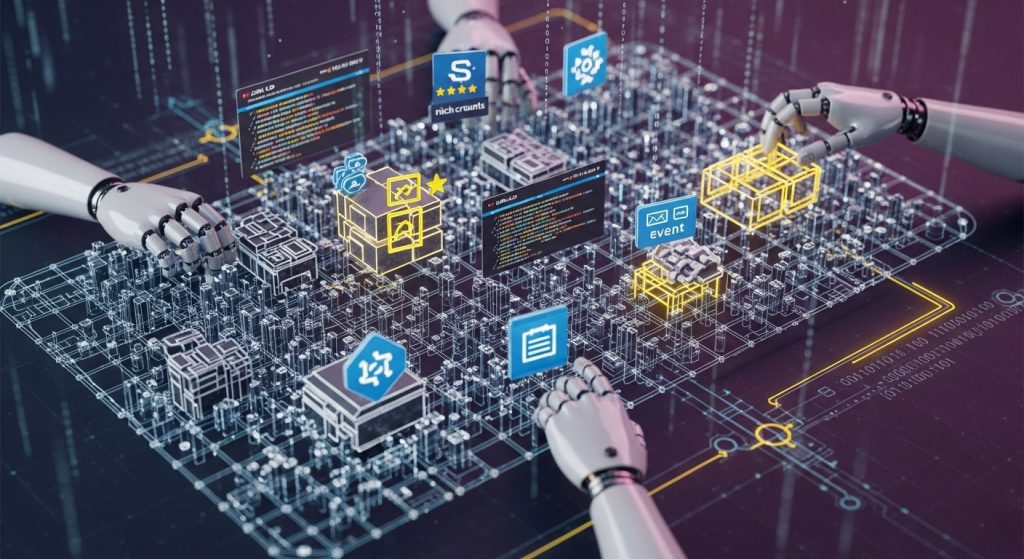 스키마 마크업을 통해 웹사이트의 내부 구조가 정교하게 최적화되는 모습을 표현한 이미지. 로봇 손이 코드 스니펫과 리치 결과 아이콘을 배열하며 검색 엔진 친화적인 구조를 만드는 모습.