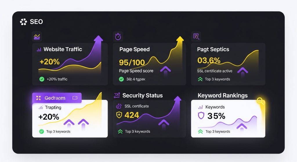 SEO 대시보드 화면으로, 트래픽, 페이지 속도, 보안 상태, 키워드 순위 등 다양한 지표들이 상승 곡선을 그리며 긍정적인 추세를 보여주고 있다. SEO 성과 모니터링의 중요성을 강조하는 이미지.