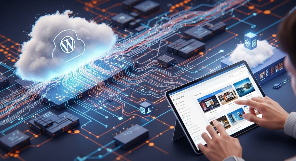 개발 지식 없이도 구글 클라우드 매니지드 워드프레스를 통해 웹사이트를 효율적으로 운영하는 모습을 시각적으로 표현한 이미지