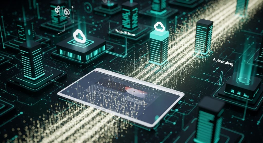 구글 클라우드의 오토스케일링과 로드밸런싱이 트래픽이 폭주하는 워드프레스 웹사이트를 안정적으로 처리하는 모습