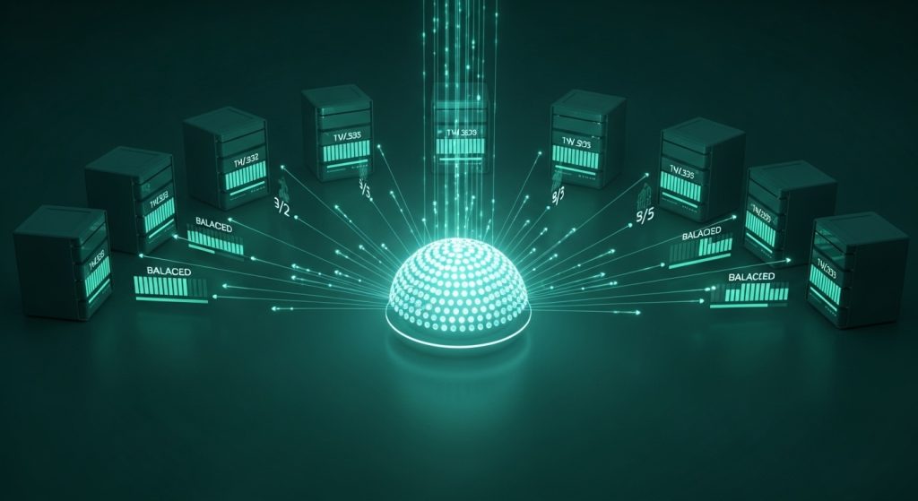 들어오는 트래픽이 여러 서버로 고르게 분산되는 로드밸런싱 작동 원리 시각화