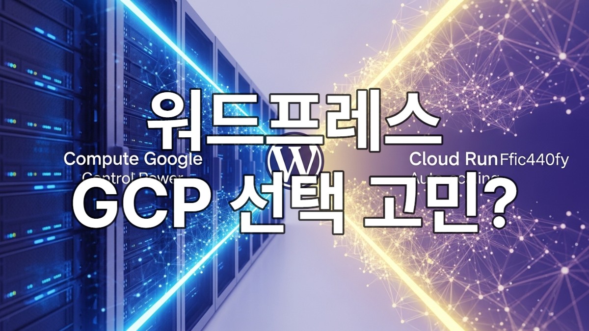 구글 클라우드 Compute Engine과 Cloud Run 로고가 워드프레스 로고로 향하는 두 가지 경로를 보여주는 개념적 이미지