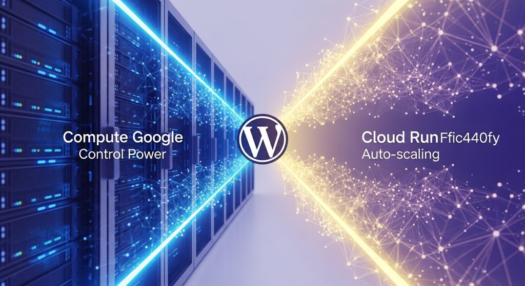 구글 클라우드 Compute Engine과 Cloud Run 로고가 워드프레스 로고로 향하는 두 가지 경로를 보여주는 개념적 이미지