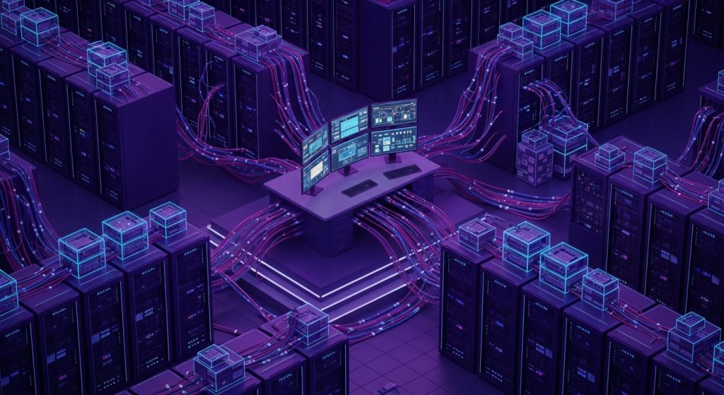 가상 머신 인스턴스와 복잡한 네트워크 연결이 보이는 데이터 센터의 모습