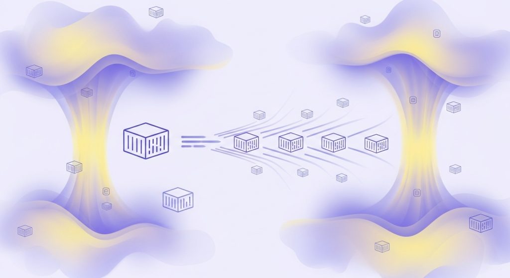 컨테이너 아이콘과 함께 동적으로 확장 및 축소되는 클라우드 형태의 서버리스 컴퓨팅 추상 이미지