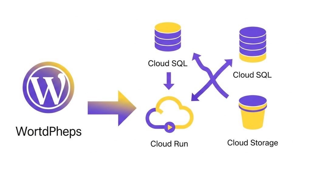 워드프레스 로고가 Cloud Run에 연결되고, Cloud SQL 및 Cloud Storage와 같은 외부 서비스에 연결되는 다이어그램