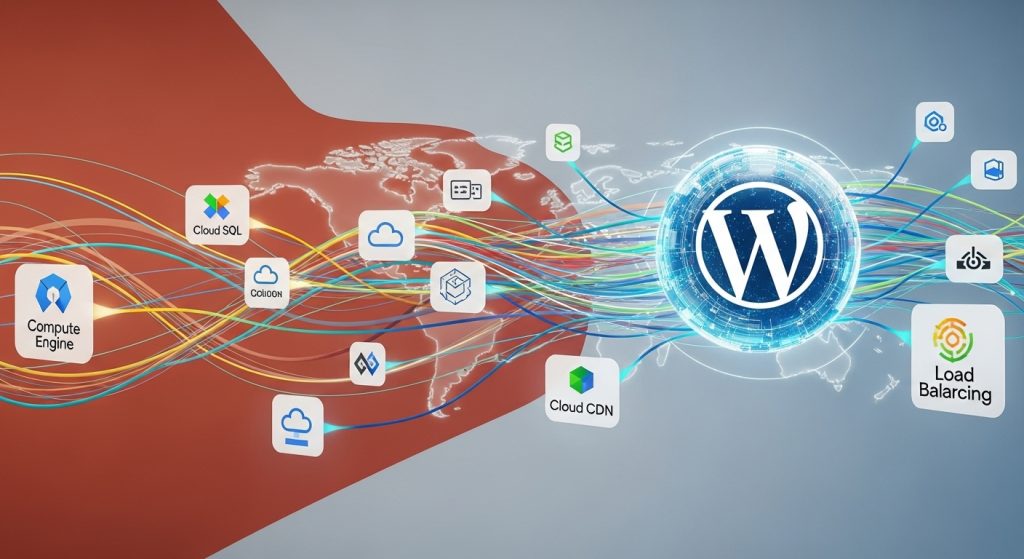 구글 클라우드 플랫폼 위에 구축된 미래형 워드프레스 웹사이트 아키텍처를 시각적으로 표현한 이미지. 워드프레스 로고와 GCP 서비스 아이콘들이 유기적으로 연결되어 높은 성능과 확장성을 나타냅니다.