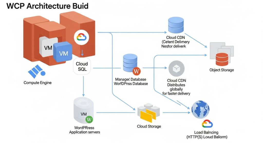 구글 클라우드 서비스를 활용한 워드프레스 아키텍처 다이어그램. 컴퓨트 엔진, 클라우드 SQL, 클라우드 스토리지, CDN 등이 유기적으로 연결된 모습.
