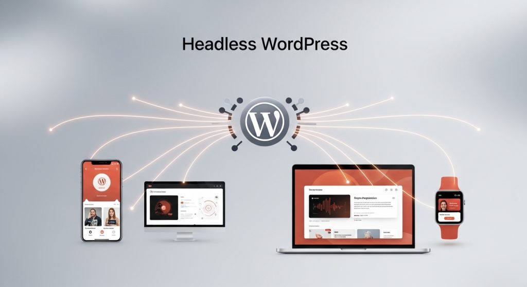 워드프레스 백엔드가 모바일 앱, 웹 앱 등 다양한 프론트엔드와 API로 연결된 헤드리스 워드프레스 개념 이미지.