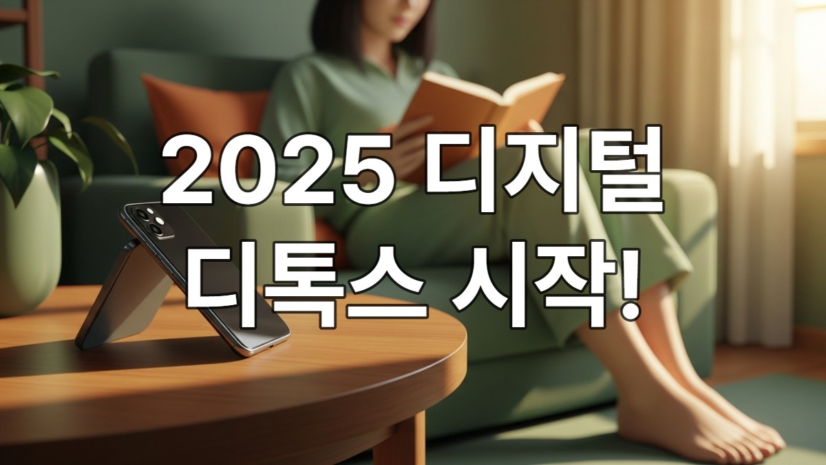 햇살이 비추는 평화로운 공간에서 스마트폰을 내려놓고 책을 읽으며 휴식하는 사람의 모습. 2025년 디지털 디톡스 트렌드를 상징합니다.