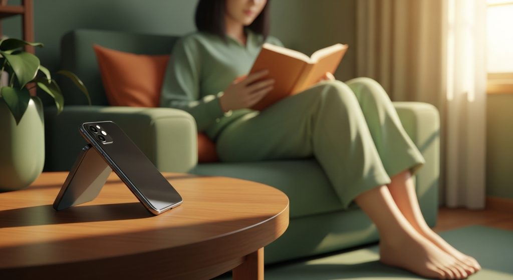 햇살이 비추는 평화로운 공간에서 스마트폰을 내려놓고 책을 읽으며 휴식하는 사람의 모습. 2025년 디지털 디톡스 트렌드를 상징합니다.