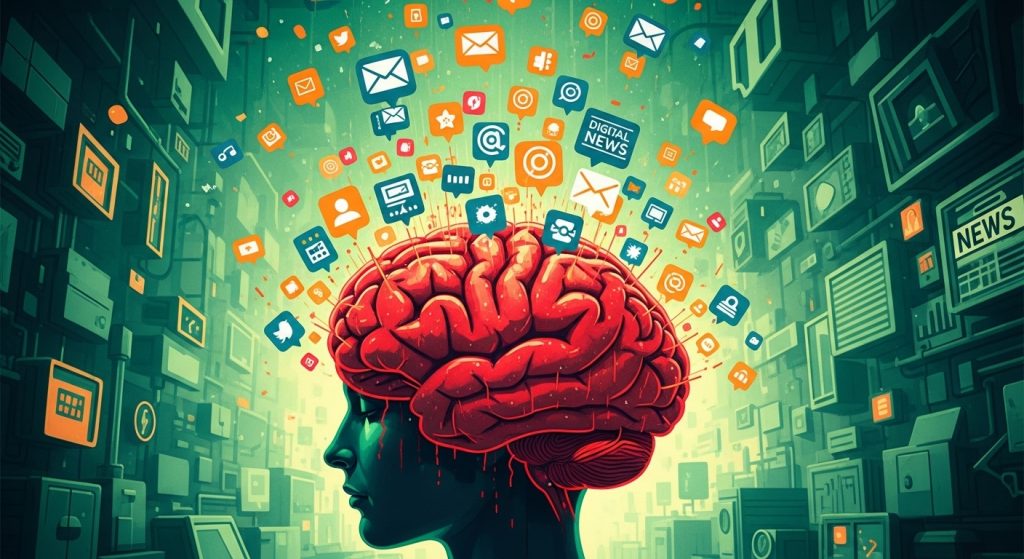 디지털 알림과 정보 과부하로 스트레스받는 뇌를 시각적으로 표현한 그림. 현대인의 디지털 피로를 상징합니다.