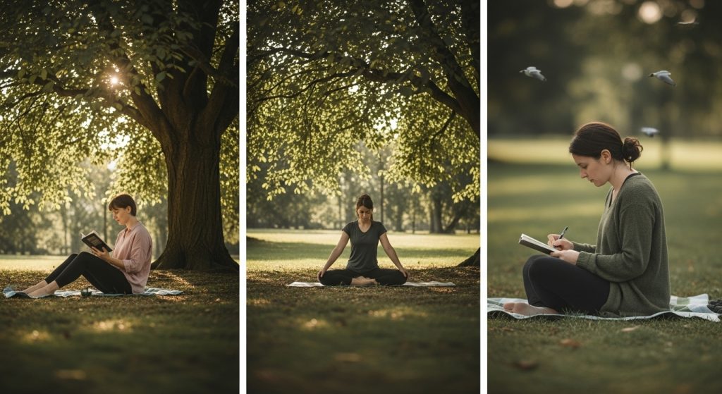 공원 벤치에 앉아 평화롭게 책을 읽는 사람의 모습. 디지털 디톡스 후 오프라인 활동의 즐거움을 보여줍니다.