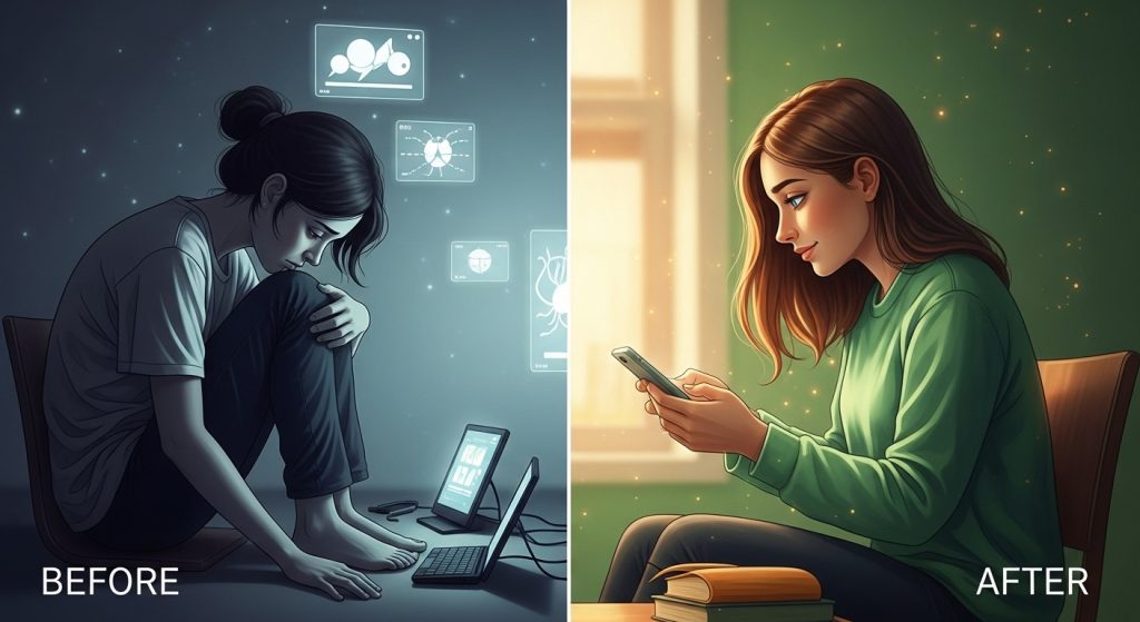 디지털 중독으로 지쳐있던 모습(왼쪽)과 디지털 디톡스 후 활기차고 평온해진 모습(오른쪽)을 극명하게 대비하여 보여주는 그림.