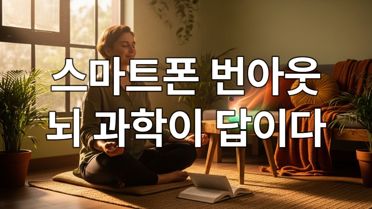 차분한 녹색과 주황색 톤의 실내에서 평화롭게 책을 읽거나 명상하는 사람, 흐릿하게 보이는 스마트폰이 디지털 디톡스를 통한 정신적 휴식을 상징합니다.