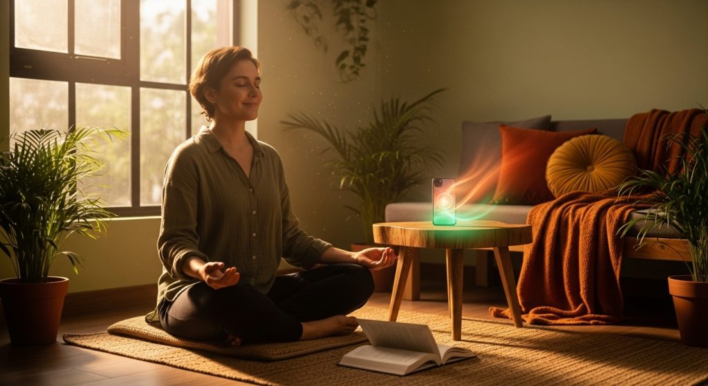 차분한 녹색과 주황색 톤의 실내에서 평화롭게 책을 읽거나 명상하는 사람, 흐릿하게 보이는 스마트폰이 디지털 디톡스를 통한 정신적 휴식을 상징합니다.