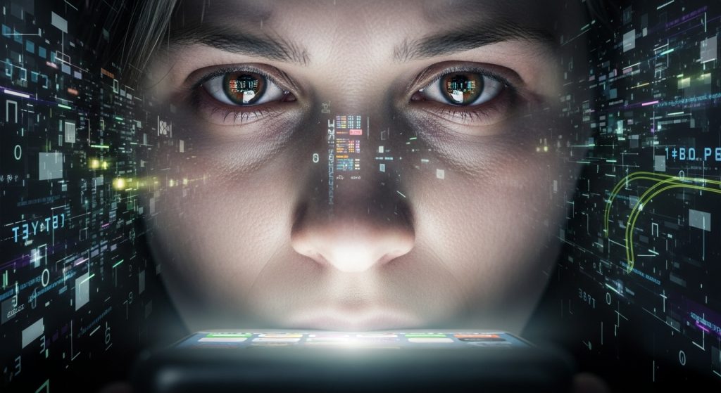 스트레스와 피로에 지친 사람이 스마트폰 화면에 시선을 고정한 채 디지털 과부하 상태를 보여주는 이미지.