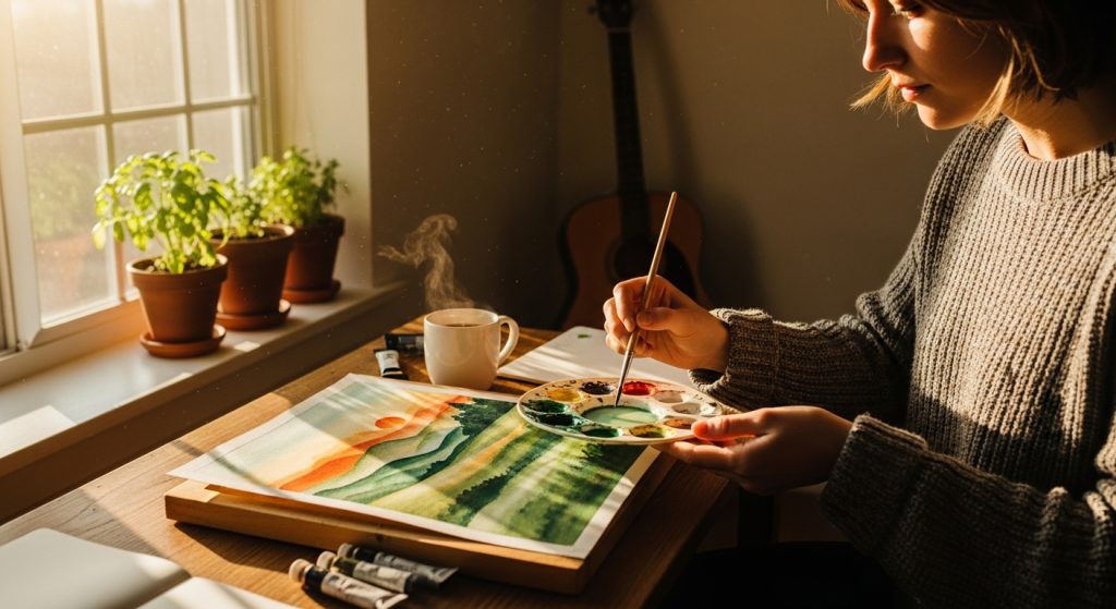 따뜻한 햇살 아래서 그림을 그리거나 기타를 치는 등 아날로그 활동에 몰두하며 평화롭게 휴식하는 사람의 모습.