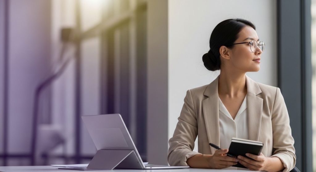 2025년 직장인이 스마트폰과 노트북을 잠시 내려놓고 평화롭게 휴식을 취하며 디지털 디톡스를 실천하는 모습. 보라색과 노란색 빛이 감도는 차분한 사무실.