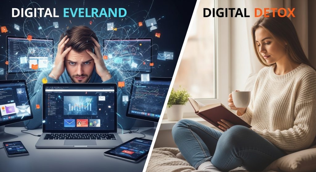 디지털 기기 과부하로 스트레스받는 직장인과 평화롭게 책을 읽으며 휴식하는 직장인의 대조적인 모습.