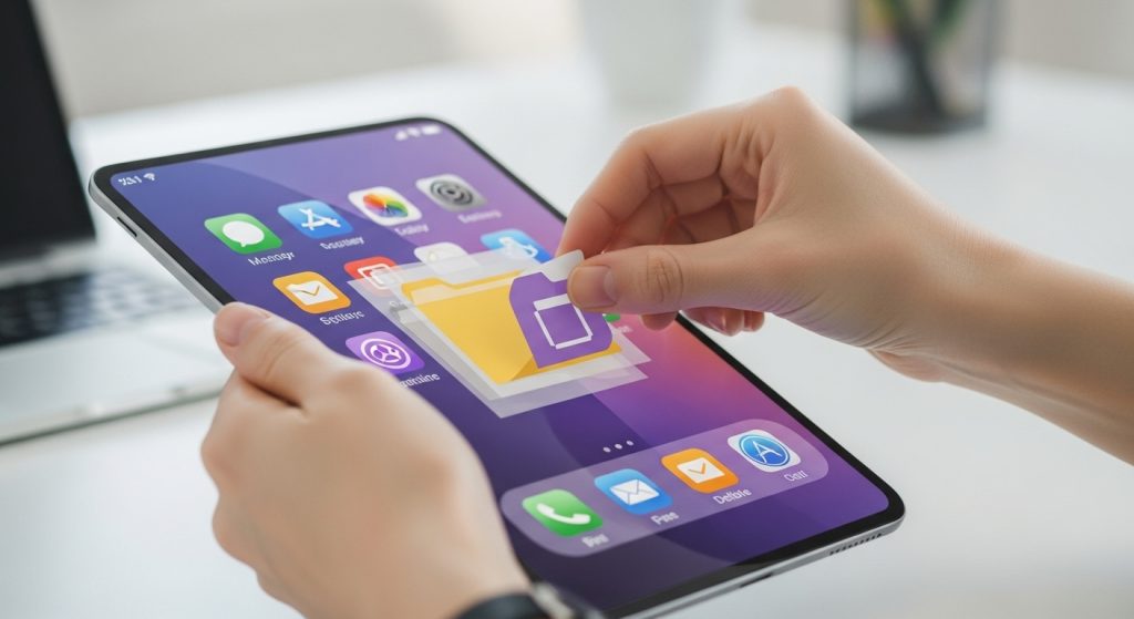 스마트폰 화면에서 불필요한 앱을 정리하고 디지털 공간을 정돈하는 손의 모습.
