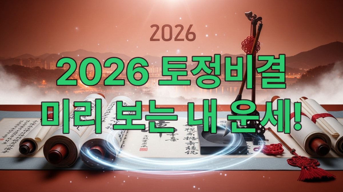 조선시대 책상 위에 놓인 토정비결 책과 붓, 그리고 미래를 상징하는 현대 도시 풍경이 어우러진 신비로운 이미지로, 2026년 운세를 미리 예측하는 지혜를 표현합니다.
