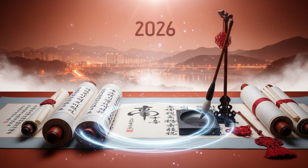 조선시대 책상 위에 놓인 토정비결 책과 붓, 그리고 미래를 상징하는 현대 도시 풍경이 어우러진 신비로운 이미지로, 2026년 운세를 미리 예측하는 지혜를 표현합니다.