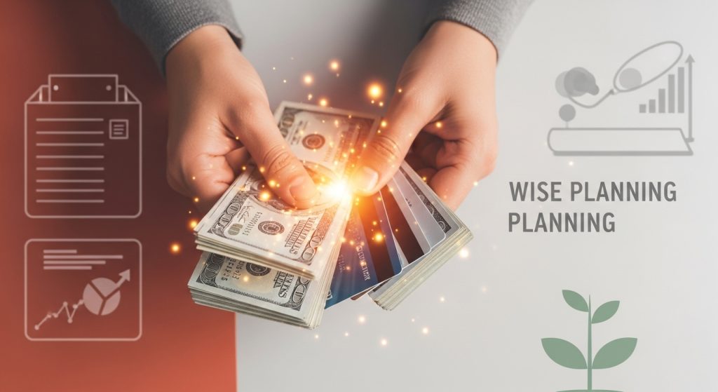 손이 지폐와 동전을 세고 있으며, 뒤로는 재정 계획을 상징하는 이미지가 보여 2026년 재물운 관리의 중요성을 나타냅니다.