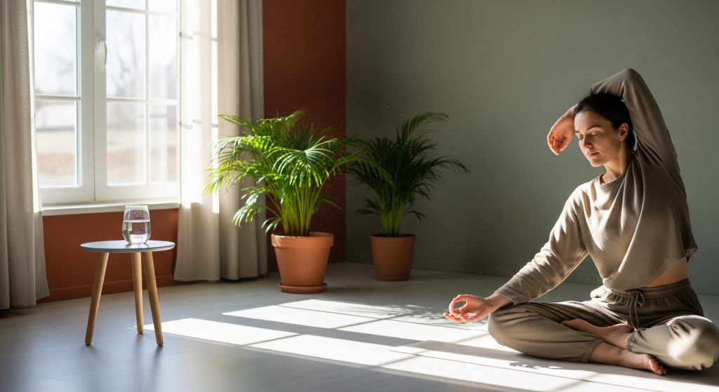 평화로운 공간에서 명상하거나 스트레칭하는 사람의 모습으로, 2026년 건강운을 위한 스트레스 관리와 휴식의 중요성을 표현합니다.