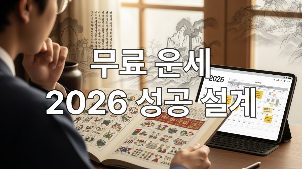 전통 토정비결 책과 현대적인 태블릿을 보며 2026년 한 해를 계획하는 사람의 모습. 옛 지혜와 현대적 계획의 조화를 상징합니다.