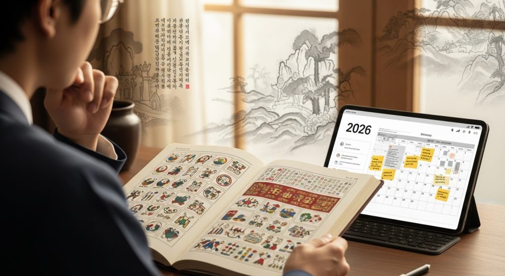 전통 토정비결 책과 현대적인 태블릿을 보며 2026년 한 해를 계획하는 사람의 모습. 옛 지혜와 현대적 계획의 조화를 상징합니다.